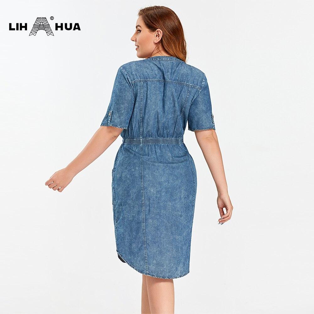 A stylish Women's Plus Size Denim Dress featuring a one-shoulder design, knee-length cut, and sashes, perfect for summer casual wear.