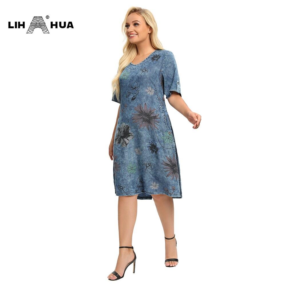 A stylish Women's Plus Size Denim Dress featuring a floral pattern, V-neckline, and short sleeves, perfect for summer casual wear.