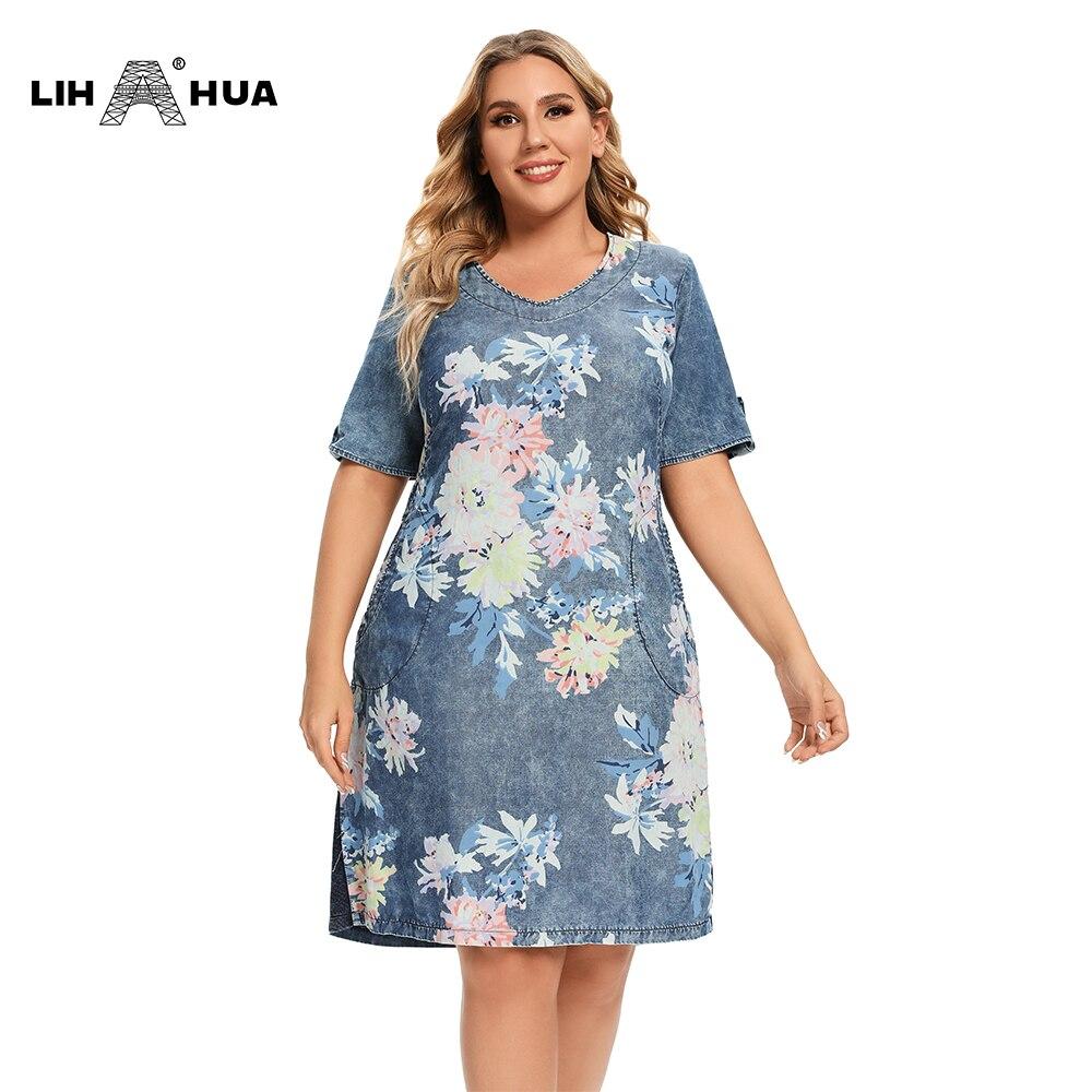 A stylish Women's Plus Size Denim Dress featuring a V-neckline, short sleeves, and knee-length design, perfect for summer casual wear.