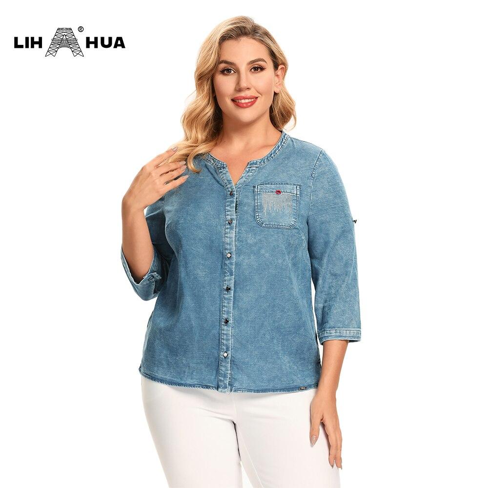 Women's plus size denim top shirt with three-quarter sleeves and V-neck collar, perfect for casual spring and summer wear.