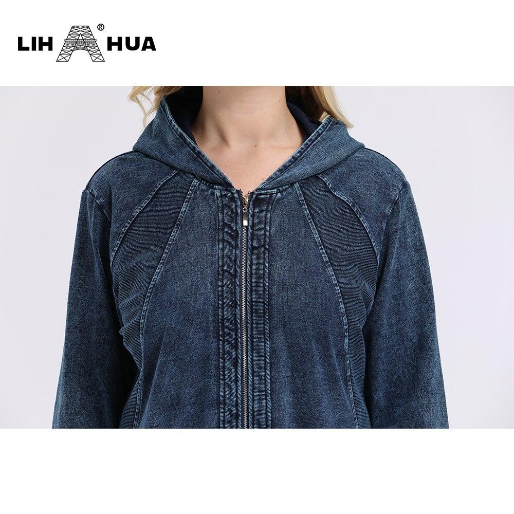 Women's Plus Size Spring Casual Denim Jacket featuring a ruffled collar, striped pattern, and hood, designed for comfort and style.