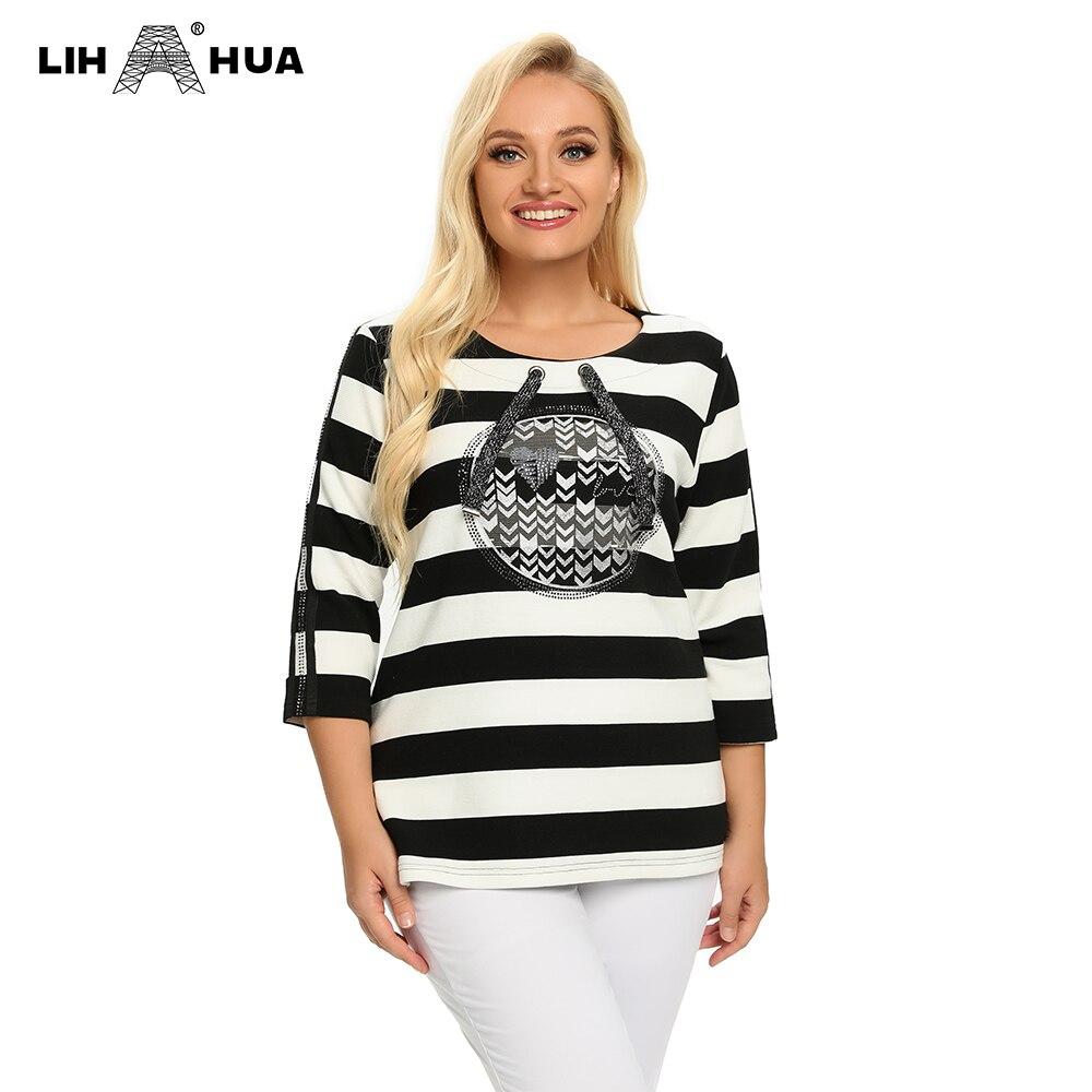 Women's plus size spring striped t-shirt with sequins, featuring an elastic round neck and full sleeves, perfect for casual wear.