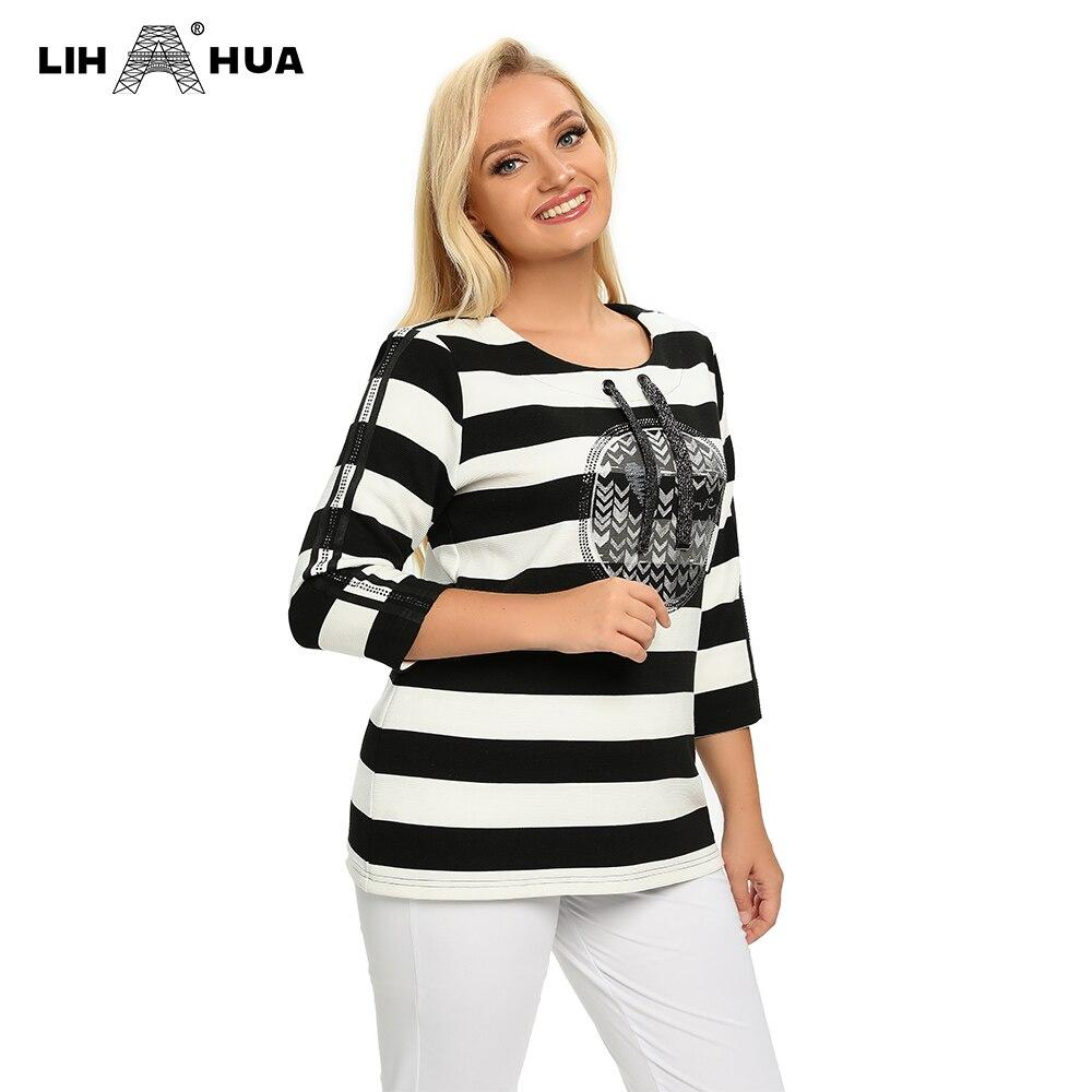 Women's plus size spring striped t-shirt with sequins, featuring an elastic round neck and full sleeves, perfect for casual wear.