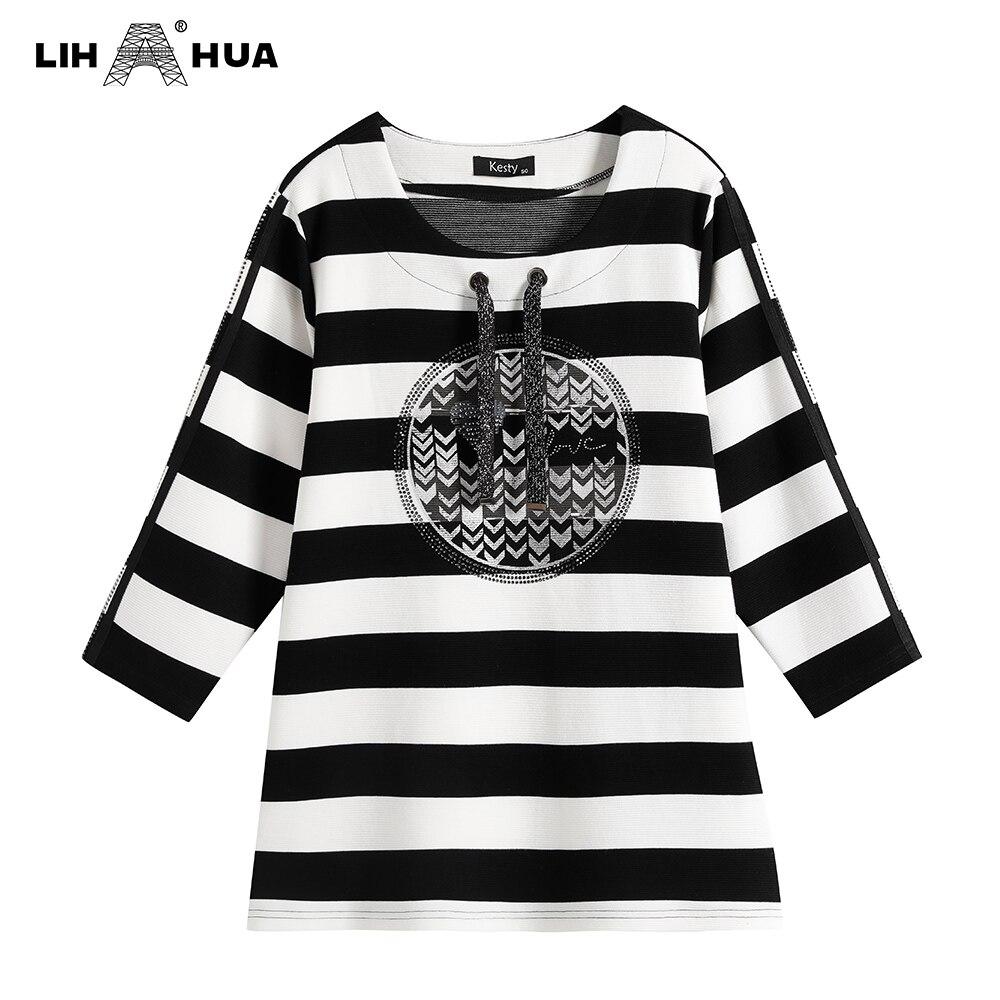 Women's plus size spring striped t-shirt with sequins, featuring an elastic round neck and full sleeves, perfect for casual wear.