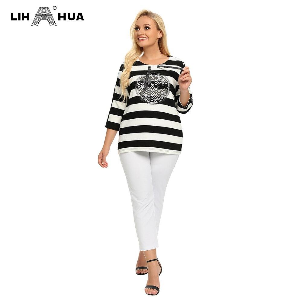 Women's plus size spring striped t-shirt with sequins, featuring an elastic round neck and full sleeves, perfect for casual wear.