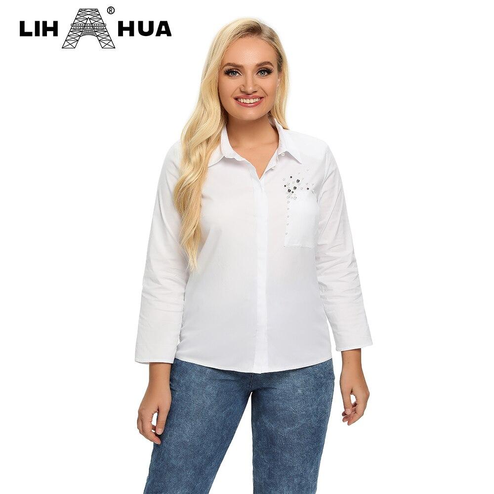 Women's plus size spring shirt featuring an elastic beaded lapel tie button, made from lightweight cotton with embroidered flares.