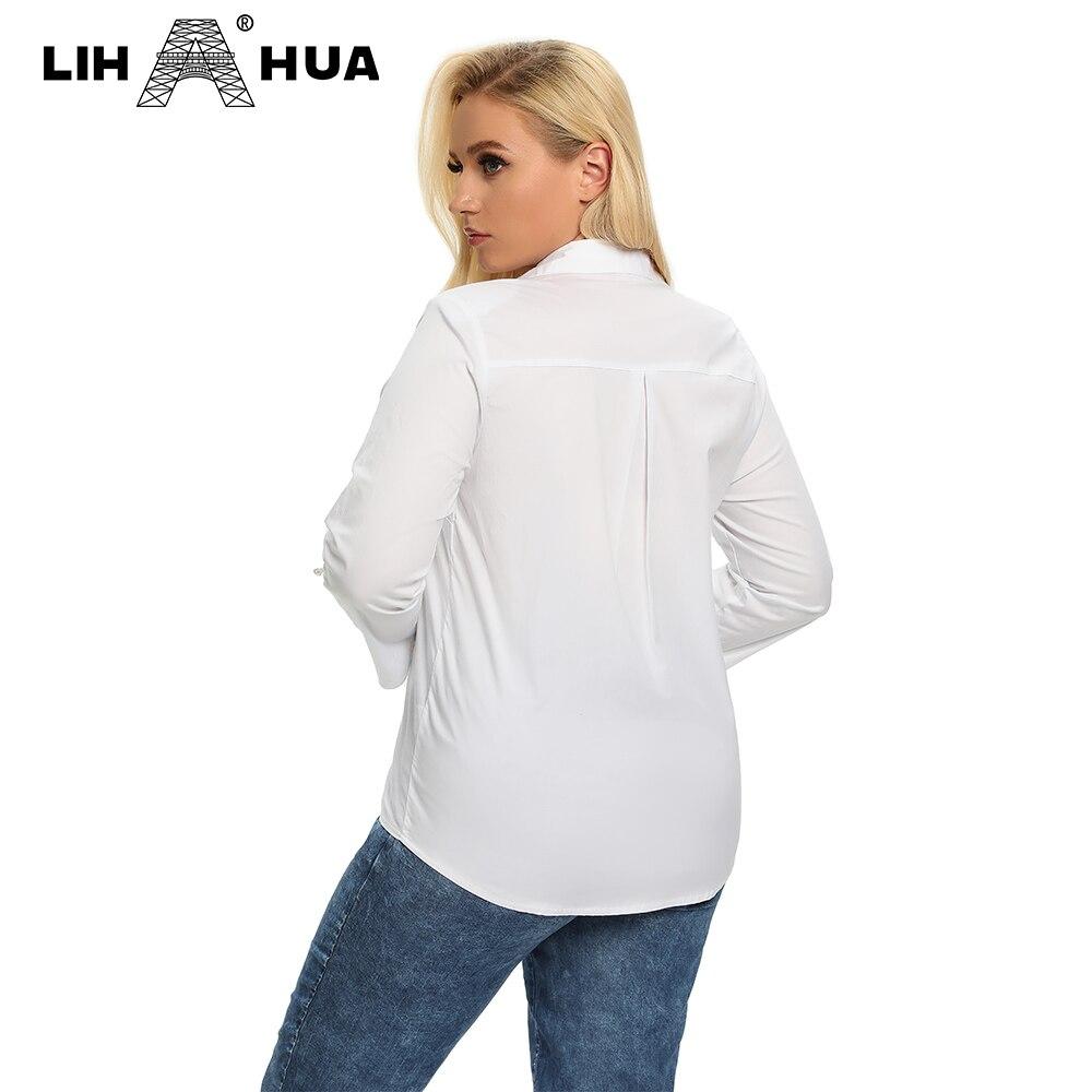 Women's plus size spring shirt featuring an elastic beaded lapel tie button, made from lightweight cotton with embroidered flares.