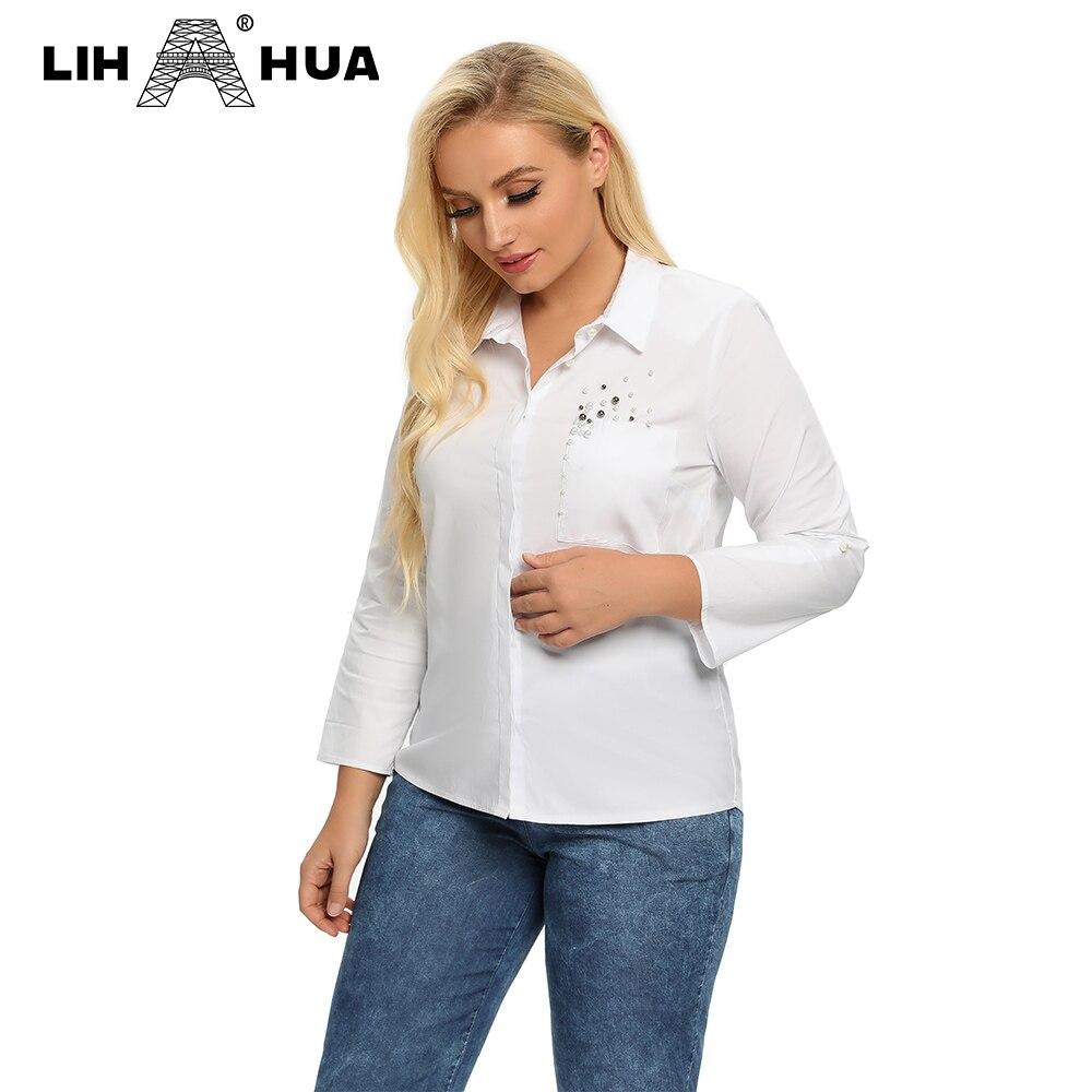 Women's plus size spring shirt featuring an elastic beaded lapel tie button, made from lightweight cotton with embroidered flares.