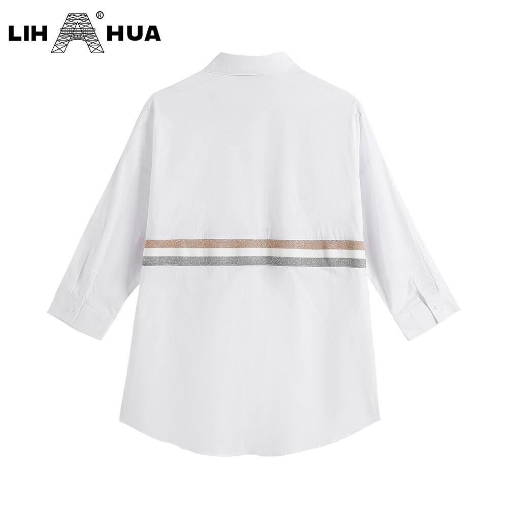 Women's plus size spring shirt featuring an elastic lapel tie button and sequin decoration, designed for casual wear.