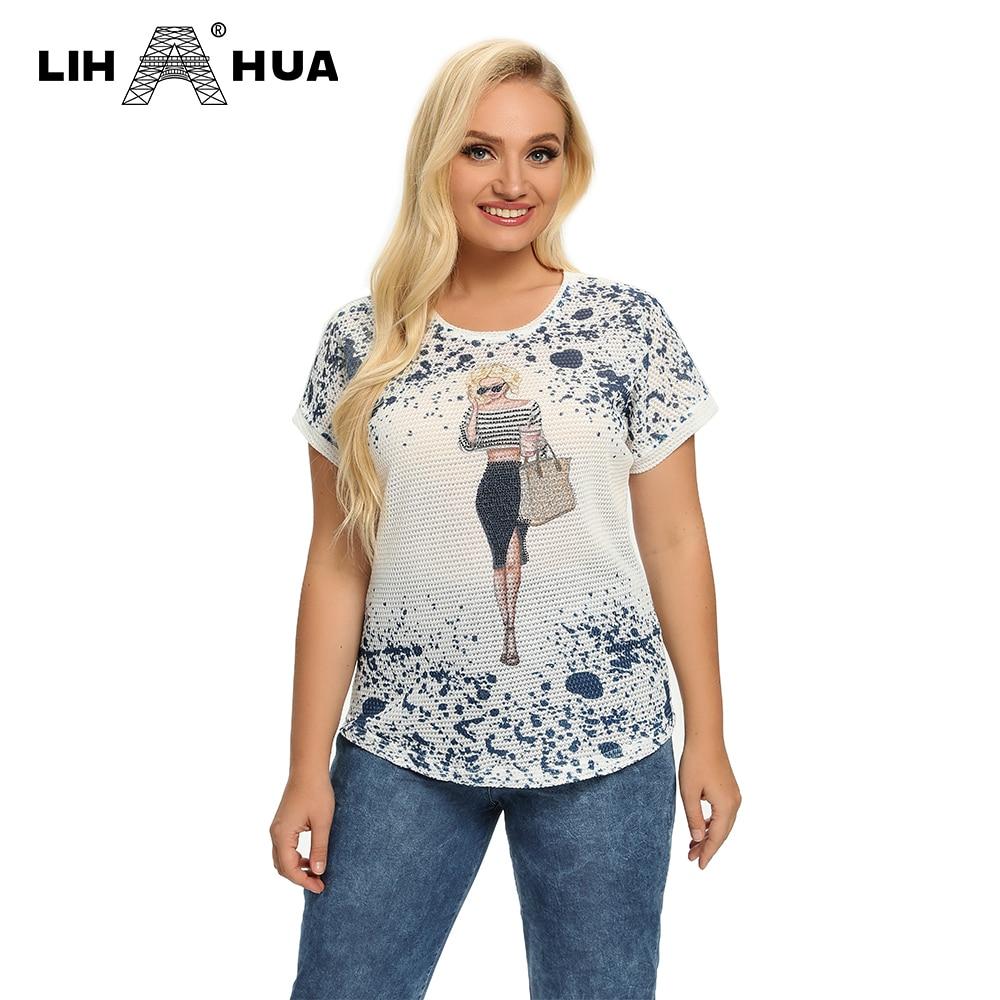 Women's plus size summer t-shirt in polyester with short sleeves and sequin print, featuring a casual O-neck design.