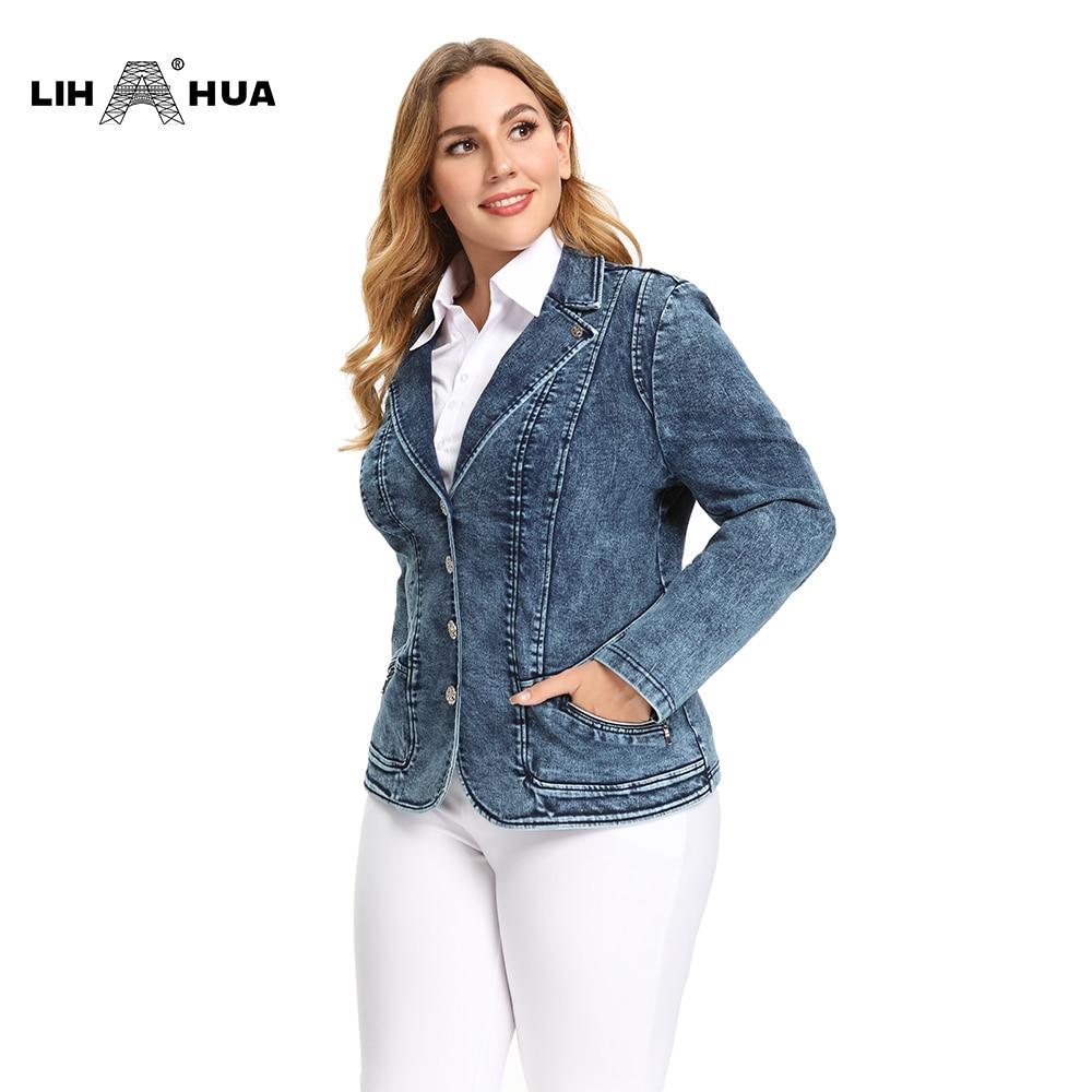 Women's Plus Size Tailored Denim Coat in cotton knitted fabric, featuring a V-neck collar and full sleeves, designed for business and casual wear.