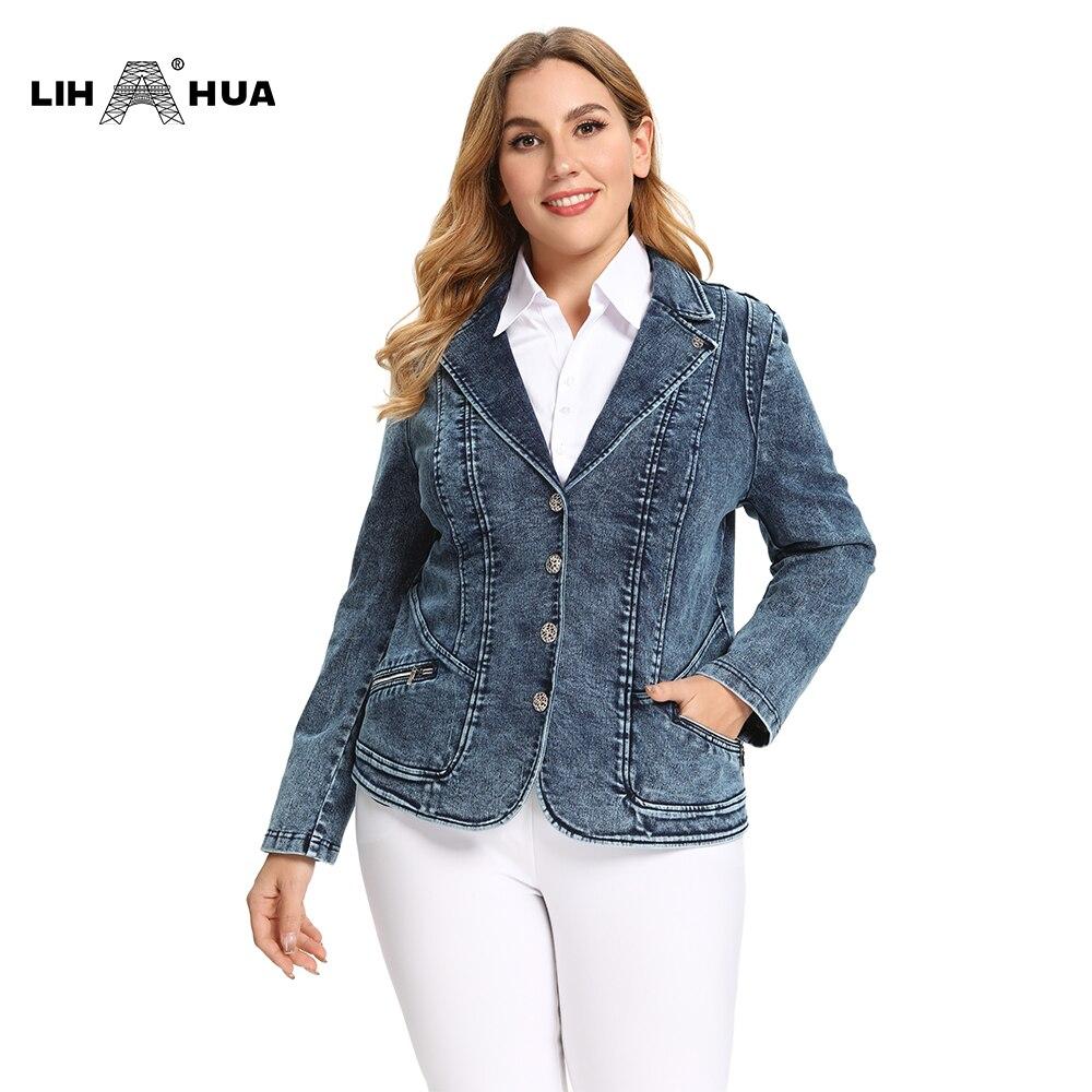 Women's Plus Size Tailored Denim Coat in cotton knitted fabric, featuring a V-neck collar and full sleeves, designed for business and casual wear.