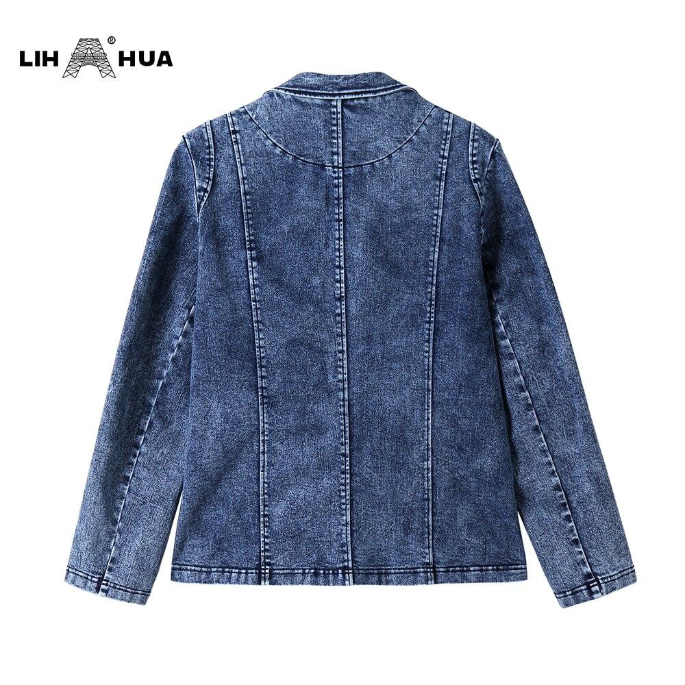 Women's Plus Size Tailored Denim Coat in cotton knitted fabric, featuring a V-neck collar and full sleeves, designed for business and casual wear.