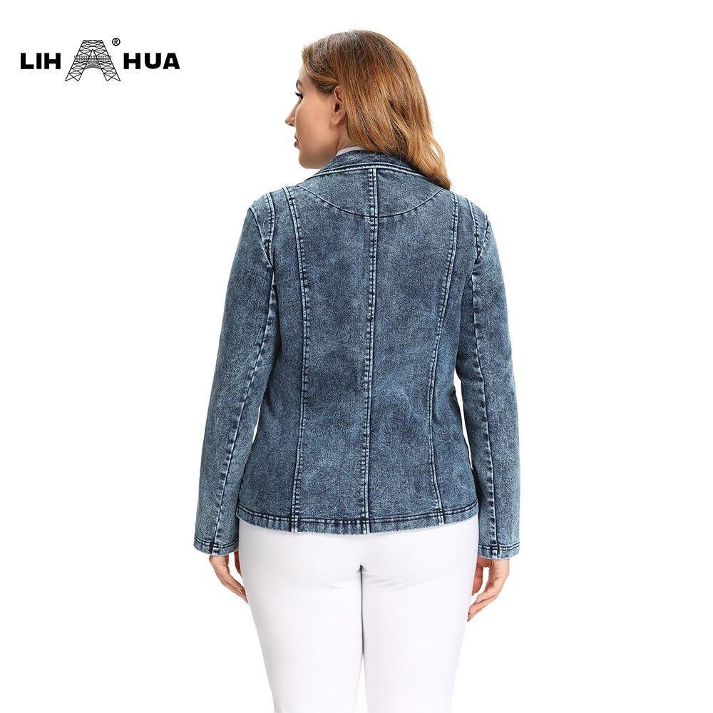 Women's Plus Size Tailored Denim Coat in cotton knitted fabric, featuring a V-neck collar and full sleeves, designed for business and casual wear.