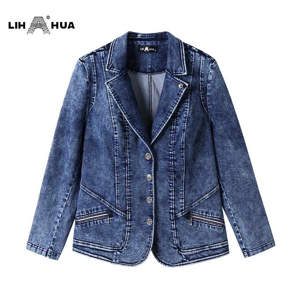 Women's Plus Size Tailored Denim Coat in cotton knitted fabric, featuring a V-neck collar and full sleeves, designed for business and casual wear.