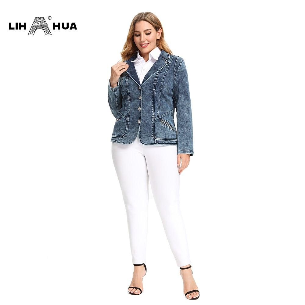 Women's Plus Size Tailored Denim Coat in cotton knitted fabric, featuring a V-neck collar and full sleeves, designed for business and casual wear.