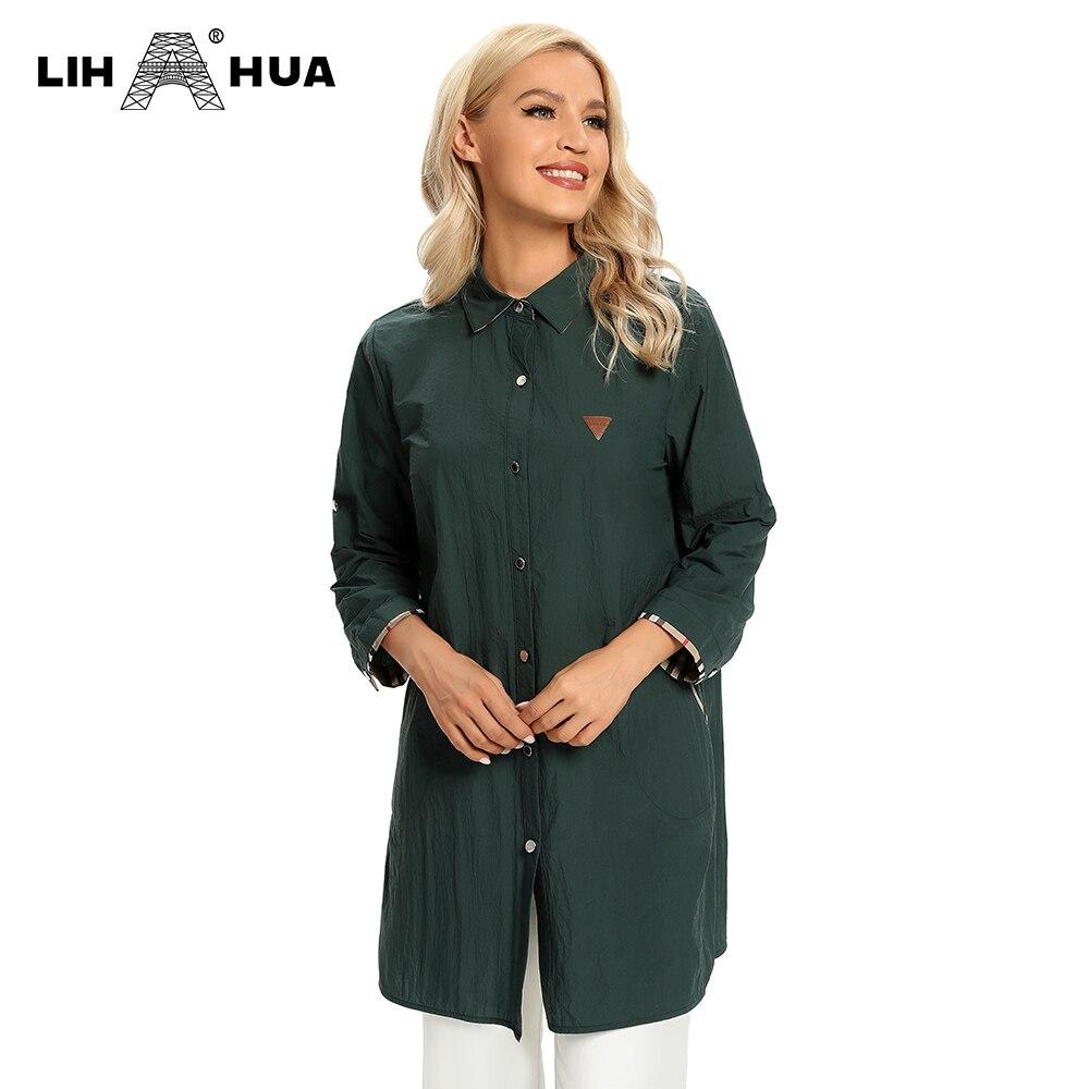 Women's Plus Size Windbreaker featuring a mid-length design with a lapel collar, buttoned front, and stylish embroidery, perfect for spring and autumn.
