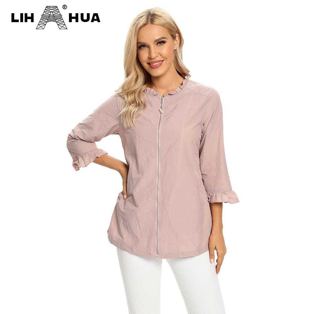 Women's Plus Size Windbreaker Mid-Length Round Neck Jacket in denim fabric, featuring a zipper closure and full-length sleeves.