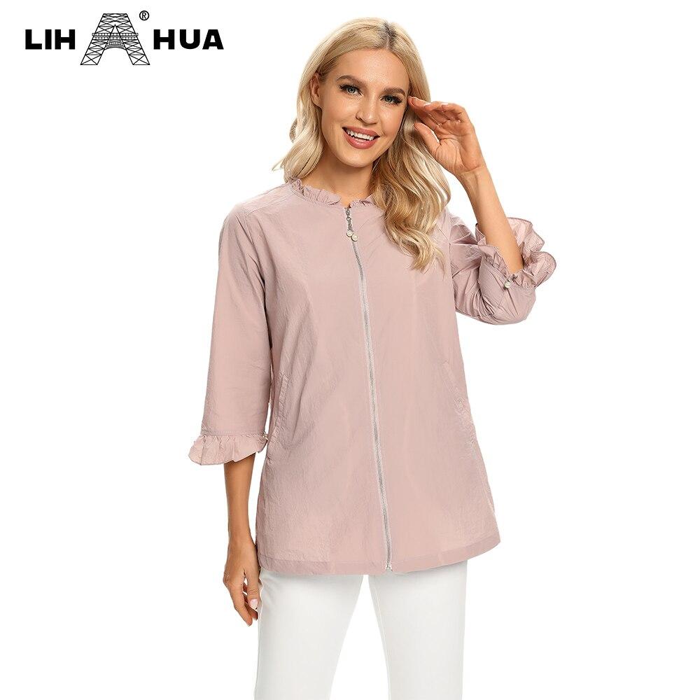 Women's Plus Size Windbreaker Mid-Length Round Neck Jacket in denim fabric, featuring a zipper closure and full-length sleeves.