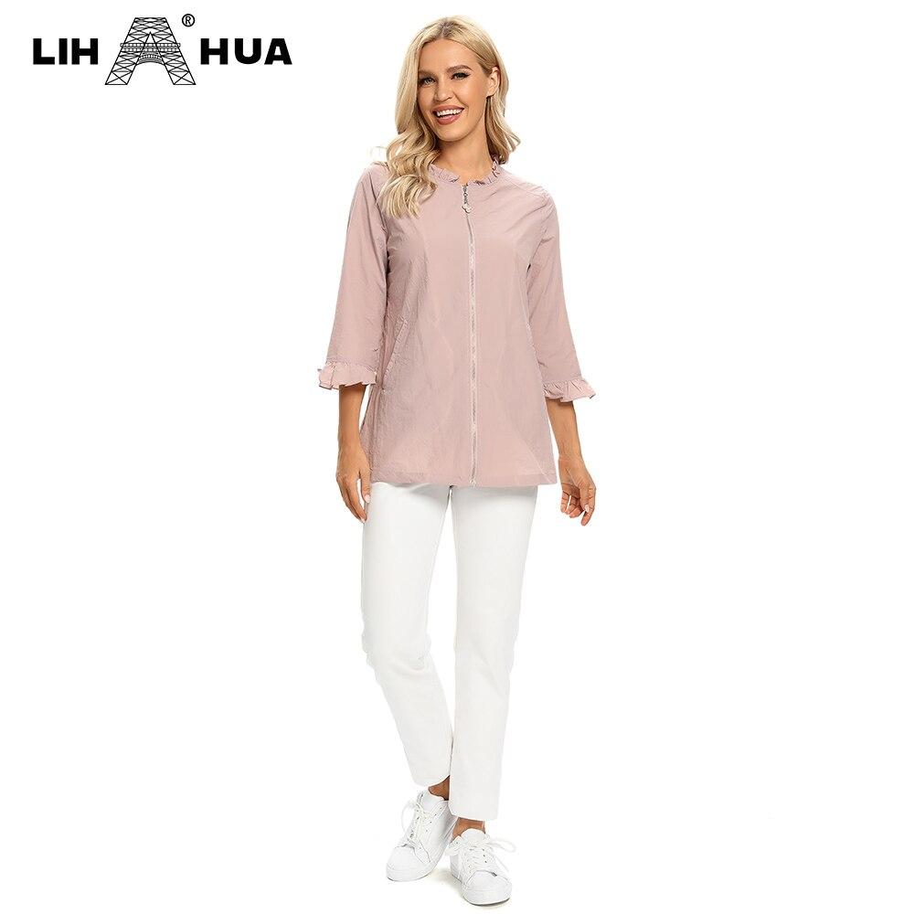 Women's Plus Size Windbreaker Mid-Length Round Neck Jacket in denim fabric, featuring a zipper closure and full-length sleeves.