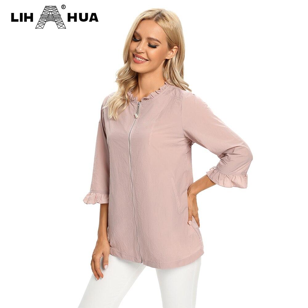 Women's Plus Size Windbreaker Mid-Length Round Neck Jacket in denim fabric, featuring a zipper closure and full-length sleeves.