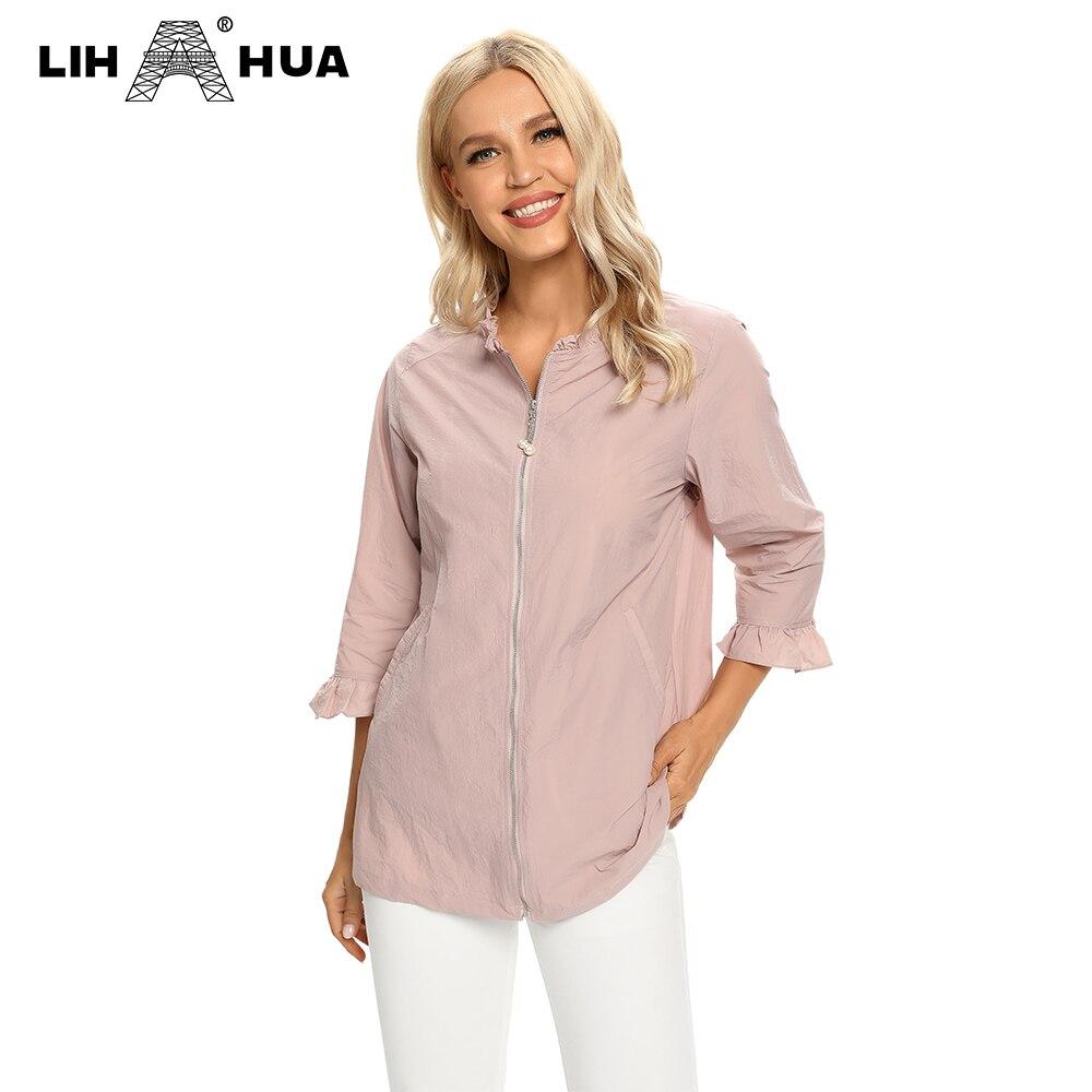 Women's Plus Size Windbreaker Mid-Length Round Neck Jacket in denim fabric, featuring a zipper closure and full-length sleeves.