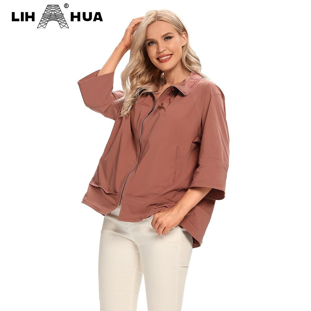 Women's Plus Size Windbreaker Short Lapel Jacket in denim fabric, featuring a zipper closure and turn-down collar, perfect for spring and autumn.