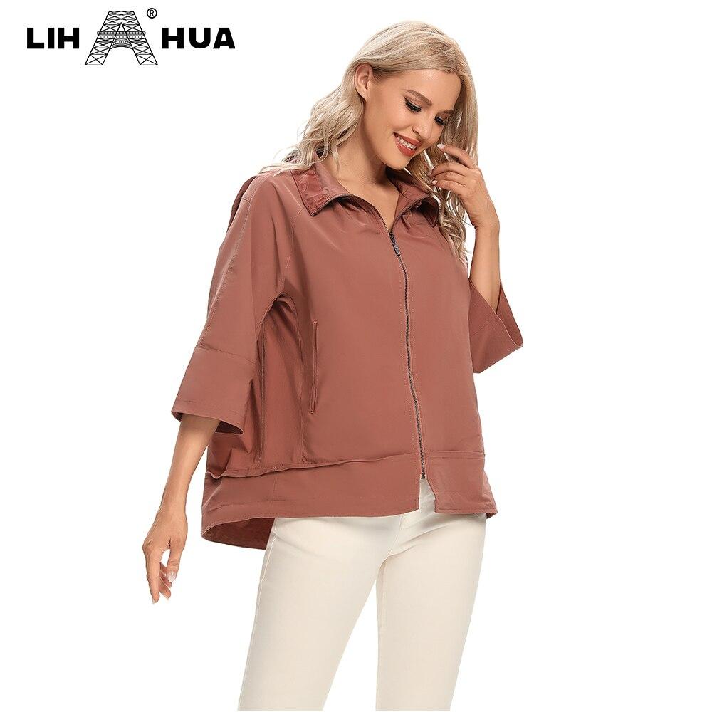 Women's Plus Size Windbreaker Short Lapel Jacket in denim fabric, featuring a zipper closure and turn-down collar, perfect for spring and autumn.