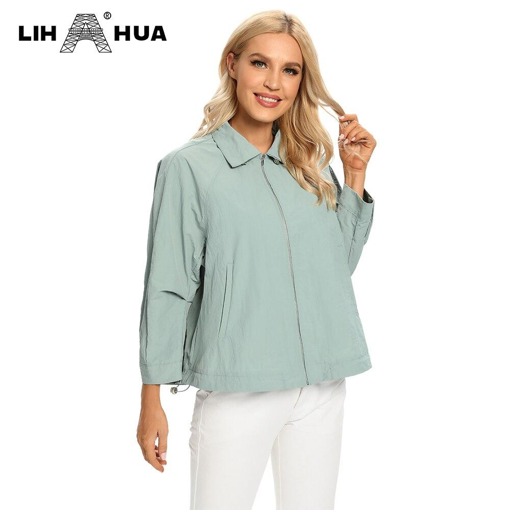 Women's Plus Size Windbreaker Short Lapel Jacket in denim fabric, featuring a zipper closure and turn-down collar, perfect for spring and autumn.