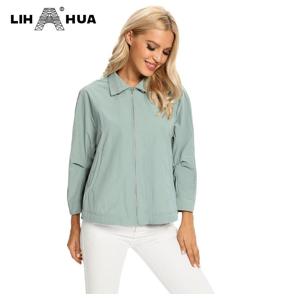 Women's Plus Size Windbreaker Short Lapel Jacket in denim fabric, featuring a zipper closure and turn-down collar, perfect for spring and autumn.