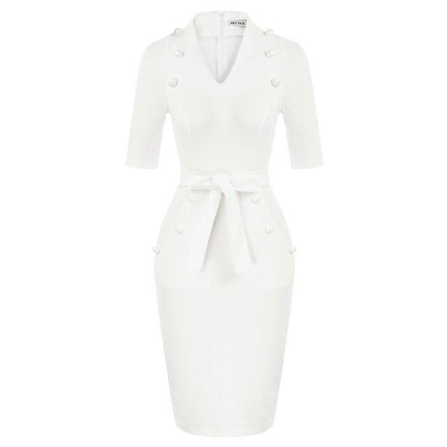 A stylish women's short sleeves V-neck bodycon pencil dress with buttons, perfect for summer occasions.