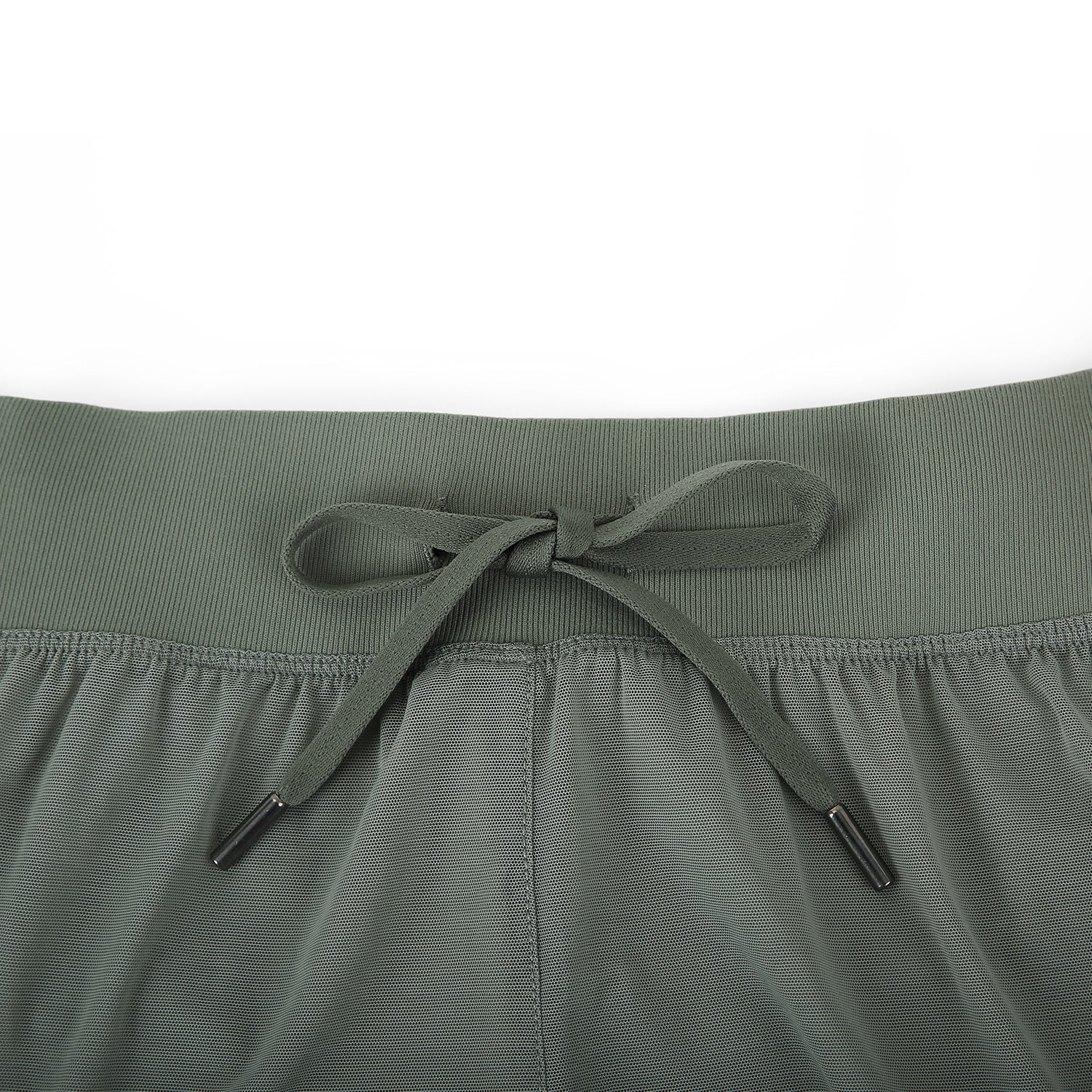 A pair of women's 2 in 1 workout running shorts featuring a quick-dry liner, elastic waistband, and a small pocket, designed for comfort and performance.