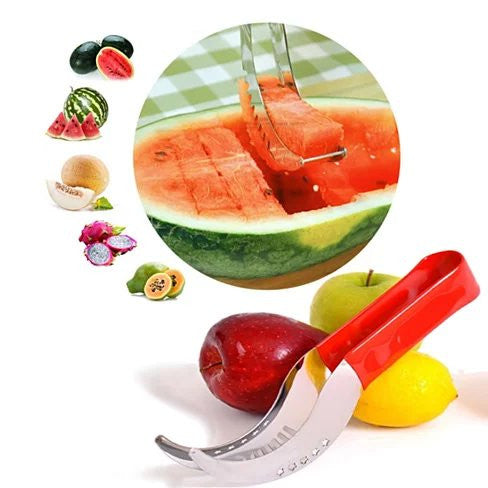 WOWZY Watermelon Slicer with red silicone handles, showcasing its sleek stainless steel design and dual functionality.