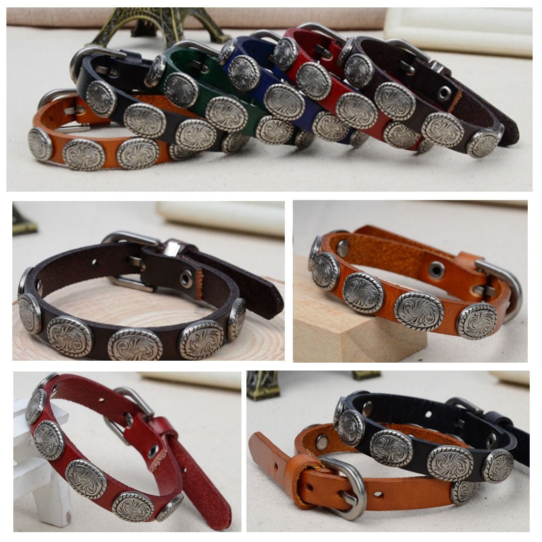 A stylish WRANGLER Vintage Look Genuine Leather Bracelet featuring antique silver medallions, showcasing its rugged design and adjustable buckle.