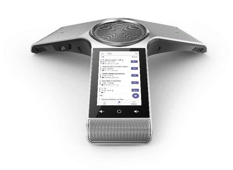 YEALINK CP960 Teams Edition conference phone with a sleek design and a 5-inch touchscreen, showcasing its advanced microphone array and connectivity options.
