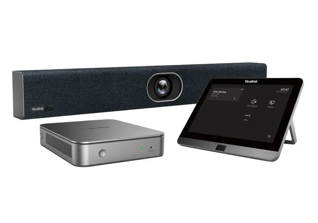 Yealink MVC400 Teams Video Conferencing Kit featuring UVC40 video bar and MTouch II panel in a small meeting room setup.