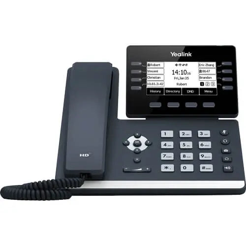 Yealink SIP-T53 IP HD phone with a 3.7-inch adjustable screen, showcasing its sleek design and connectivity options.