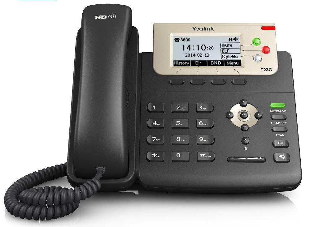 Yealink T23G 3 Line IP phone with 132x64 LCD and dual gigabit ports, showcasing its sleek design and user-friendly interface.
