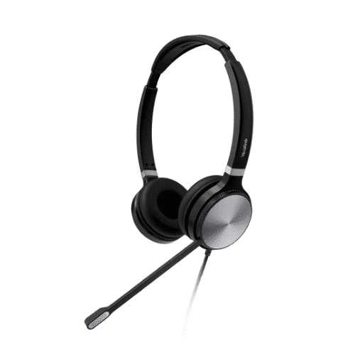 YEALINK UH36 Stereo Wideband Noise Cancelling Headset with USB and 3.5mm connectivity, featuring a bendable boom arm and integrated call management controls.