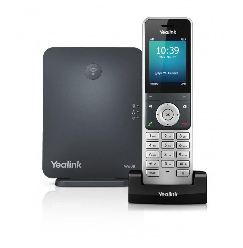 YEALINK W60P Wireless DECT Solution with W60B Base Station and handset, showcasing its sleek design and advanced features.