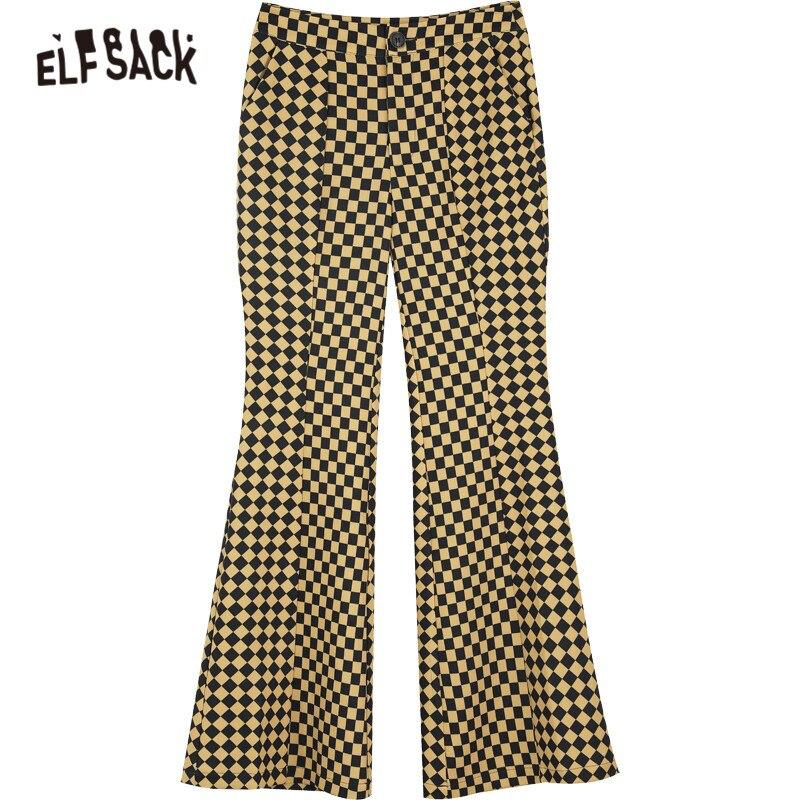 A pair of stylish yellow plaid high waist casual women flare pants, showcasing a chic design suitable for spring and autumn wear.