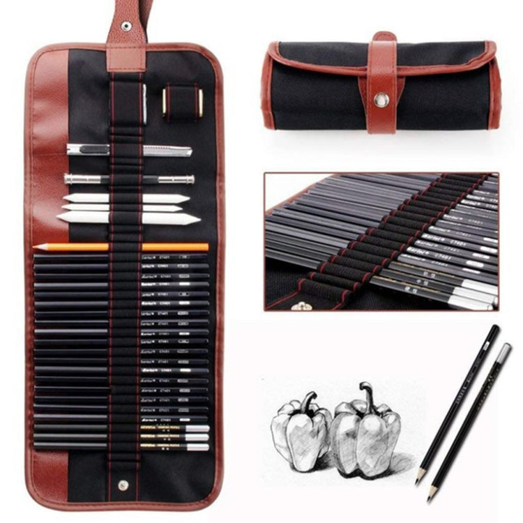 YGSM-30 Sketch Pencil Set featuring various pencils, charcoal pencils, erasers, and a storage bag, ideal for artists.