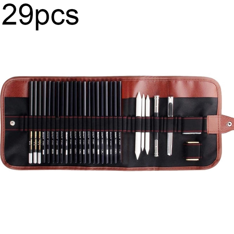 YGSM-30 Sketch Pencil Set featuring various sketch and charcoal pencils in a roller shutter storage bag.