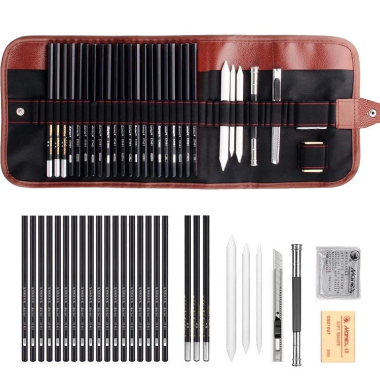 YGSM-30 Sketch Pencil Set featuring various sketch and charcoal pencils in a roller shutter storage bag.