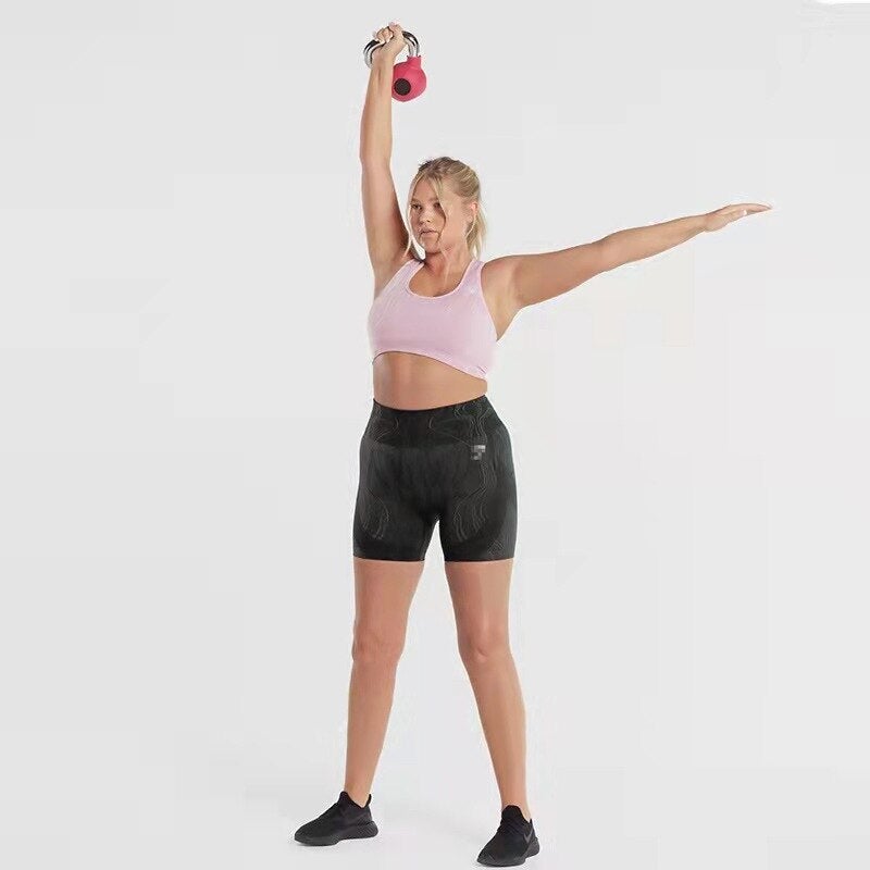 High waist push up sports shorts for women in black, pink, and blue, designed for yoga, cycling, and running.