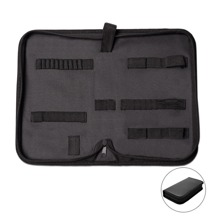 Portable Multi-Function Tool Storage Bag with zipper closure and elastic pockets, showcasing its durable canvas and leather material.