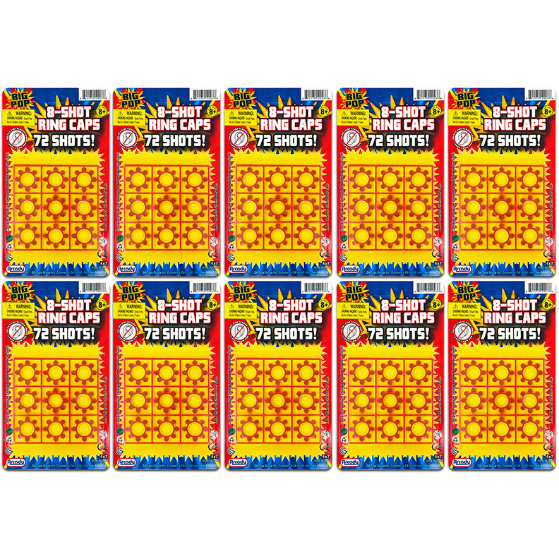 A pack of 864 cap gun refills for 8-shot cap guns, featuring colorful packaging and multiple packs of 72 shots each, perfect for kids' playtime.