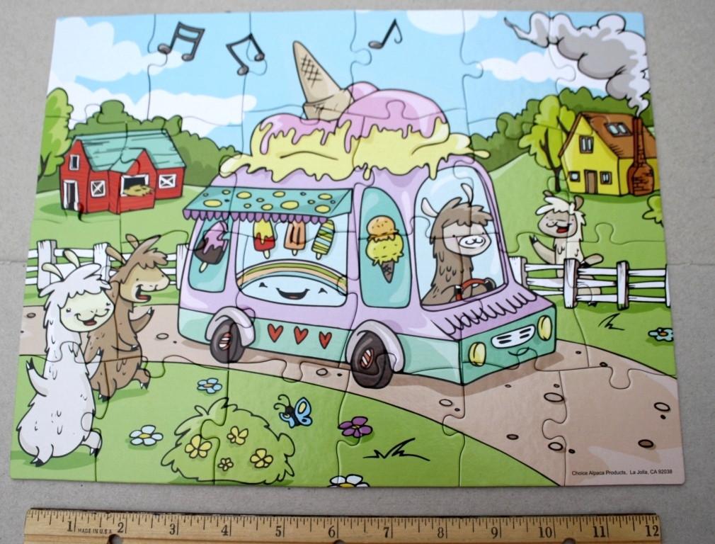 A colorful 30-piece jigsaw puzzle featuring cute alpacas enjoying ice cream treats, designed for children aged 3-7, made from eco-friendly materials.