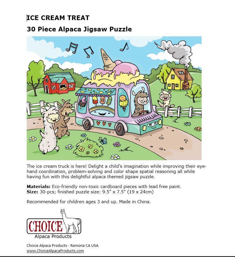A colorful 30-piece jigsaw puzzle featuring cute alpacas enjoying ice cream treats, designed for children aged 3-7, made from eco-friendly materials.