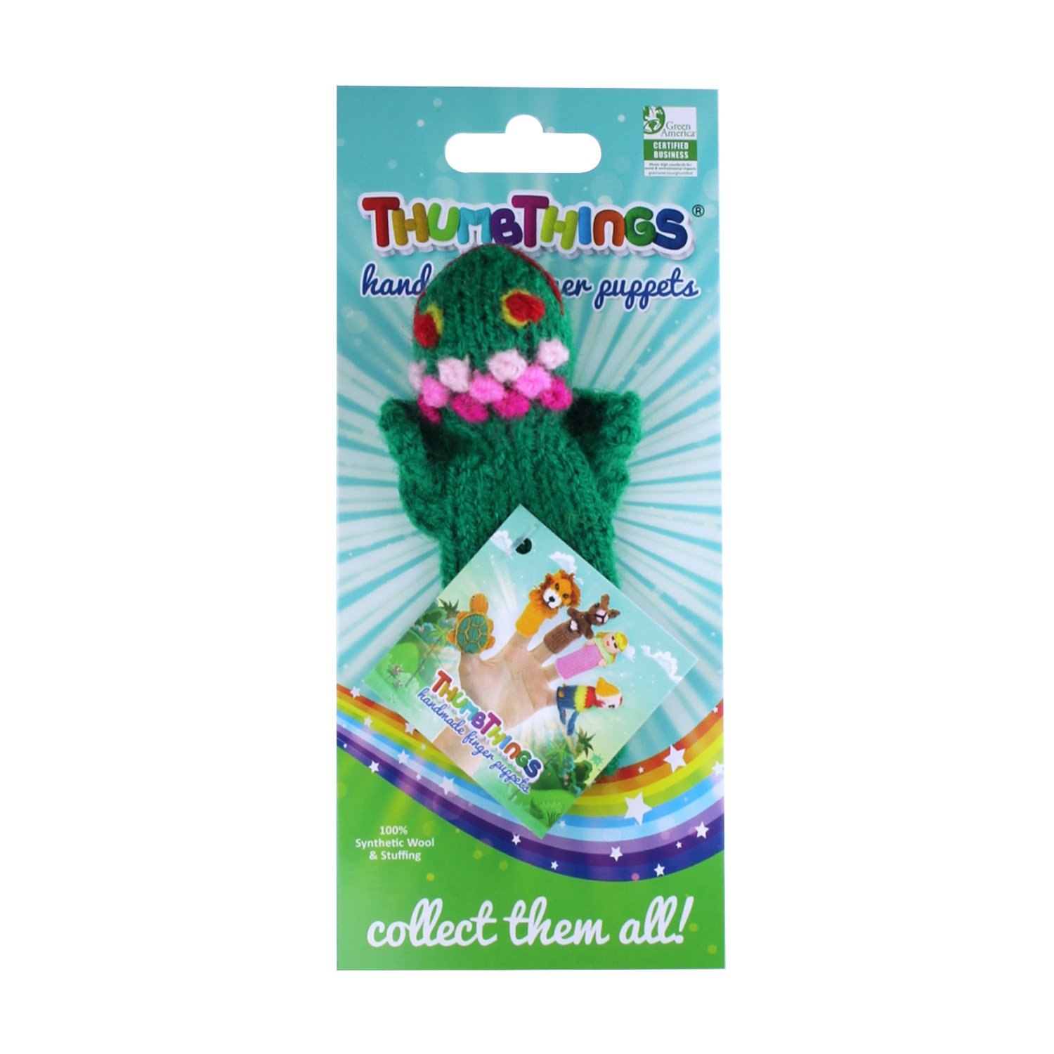 A vibrant pink Amazon Dart Frog Finger Puppet, handmade from nylon yarn, showcasing unique artisan craftsmanship with colorful details.